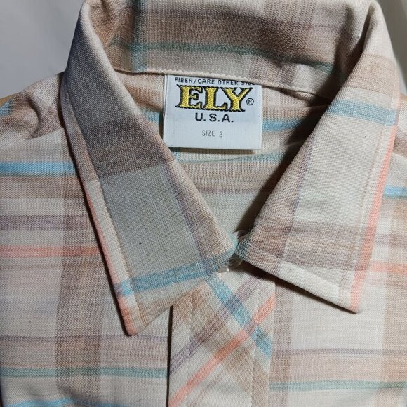 BOYS 2T Vintage 1970's Shirt ELY BOYS PINK/BLUE PLAID THIN HIPPY SHIRT USA NEW - Picture 1 of 8